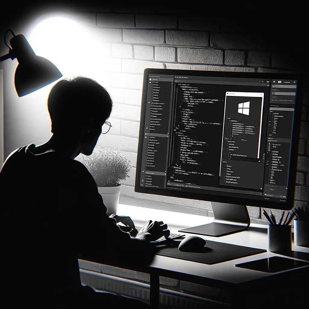 A black and white square image featuring a development scene focused on desktop application development using Windows Forms and .NET Core. A developer