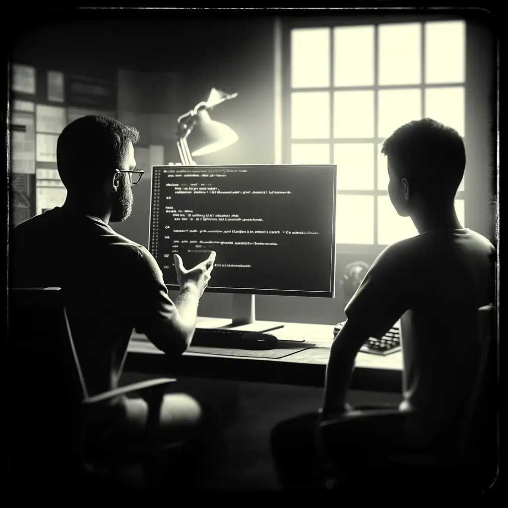 --A black and white square image featuring a programmer giving a training session to a programming student. The scene shows a clean and minimalistic wor