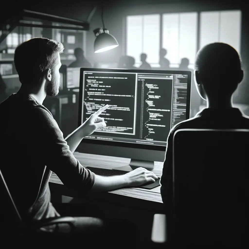 A black and white square image featuring a programmer giving training to a programming student. The scene shows a clean and minimalistic workspace wit