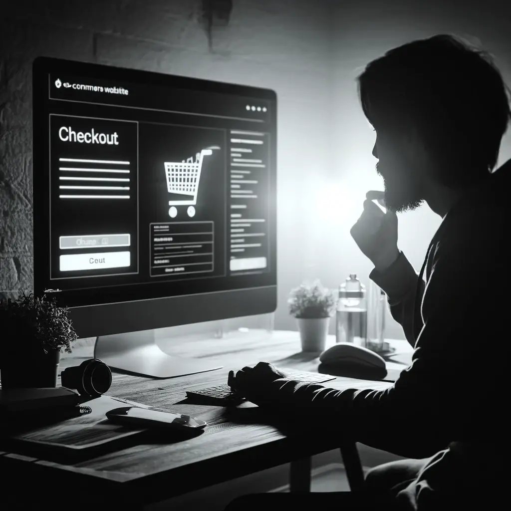 A black and white square image featuring a programmer sitting and developing an e-commerce website, with the screen displaying the checkout page. The