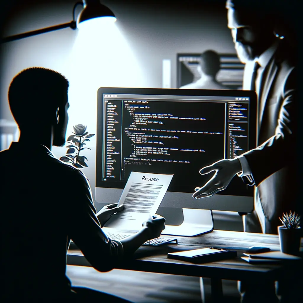 A black and white square image featuring a programmer submitting a resume and being evaluated with a technical test. The scene shows a clean and minim