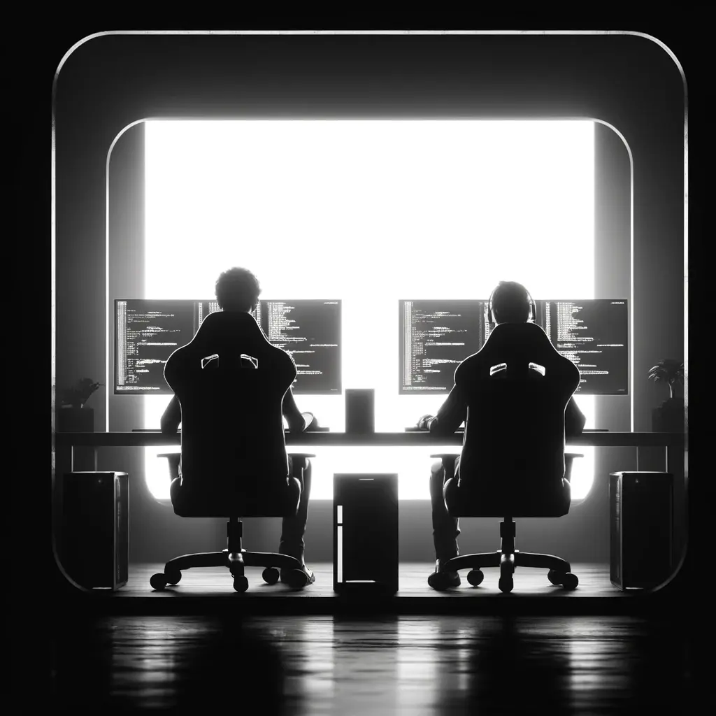 A black and white square image featuring two young programmers sitting in gaming chairs, each working on their own monitor. The scene is minimalistic