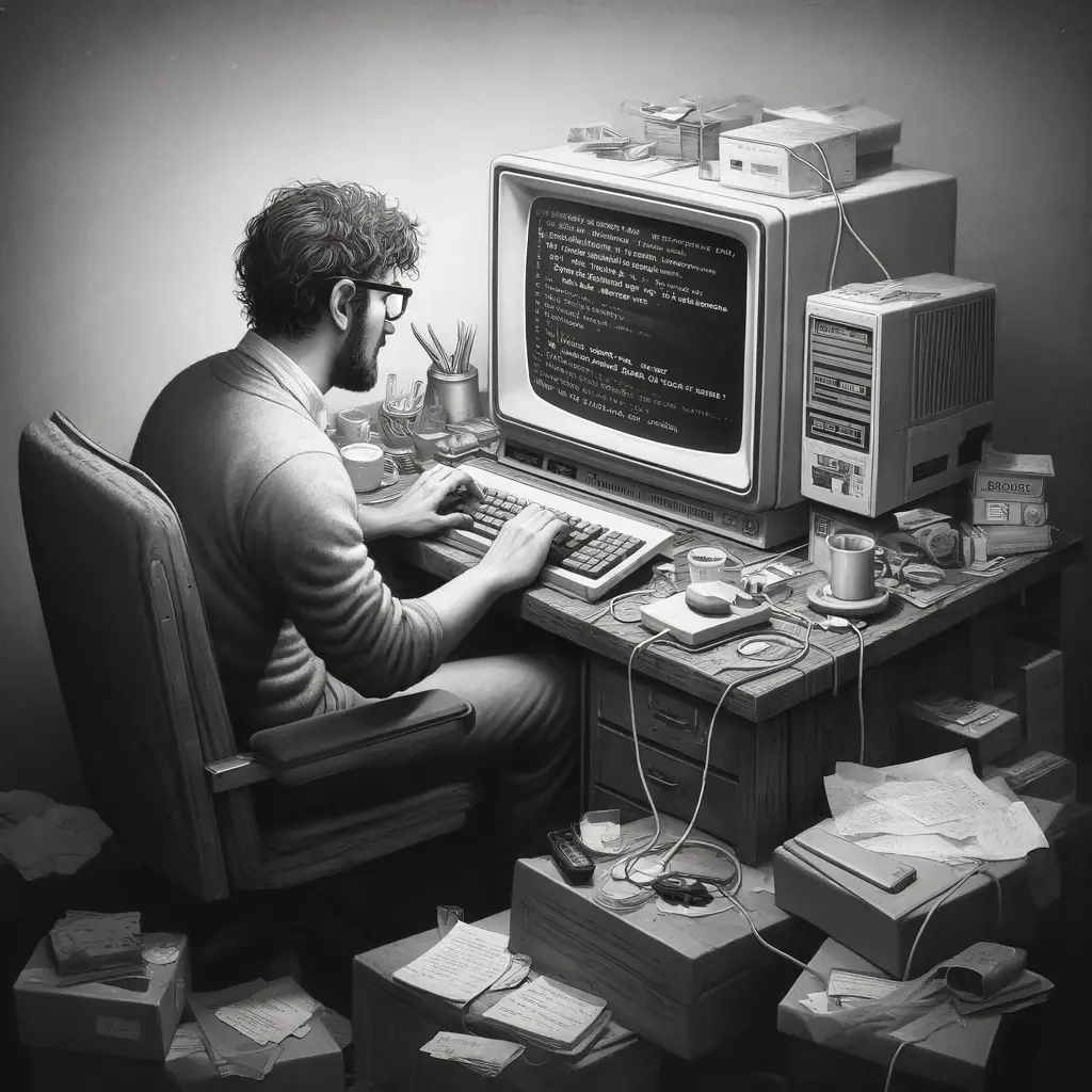 A square proportioned black and white image of a developer refactoring a legacy system on an old computer. The developer should be seated at a clutter