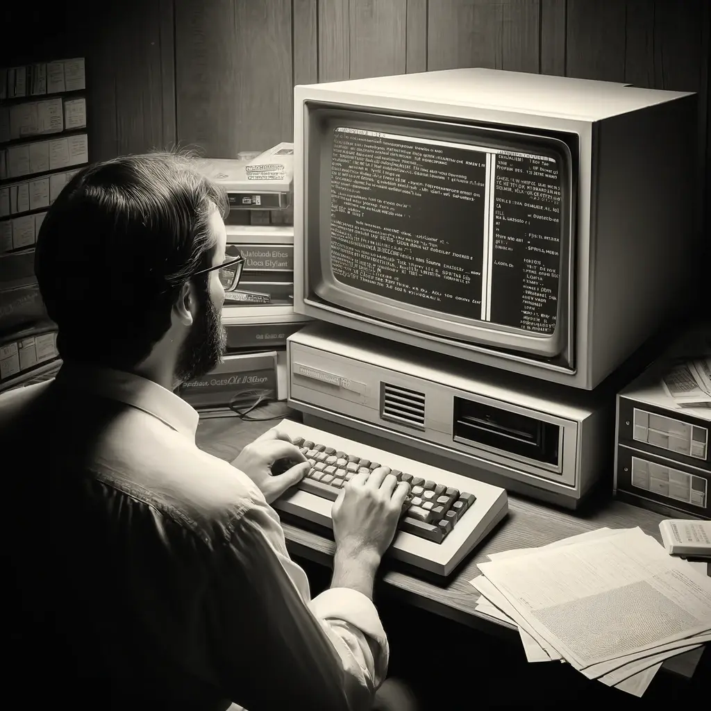 - A square proportioned black and white image of a developer refactoring an old legacy system on a computer. The scene should show a developer working o