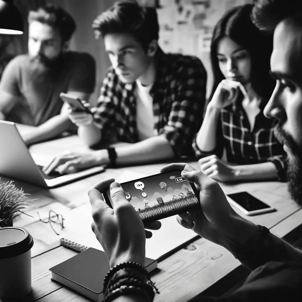 A square proportioned black and white image of young game developers testing a mobile game. They are seated at a desk with one holding a smartphone di