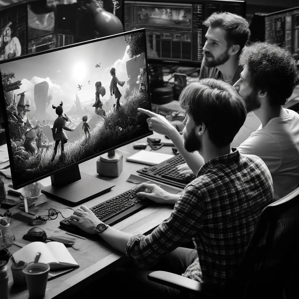 A square proportioned black and white image of young game developers working on a project. They are seated at a desk with a wide monitor displaying a