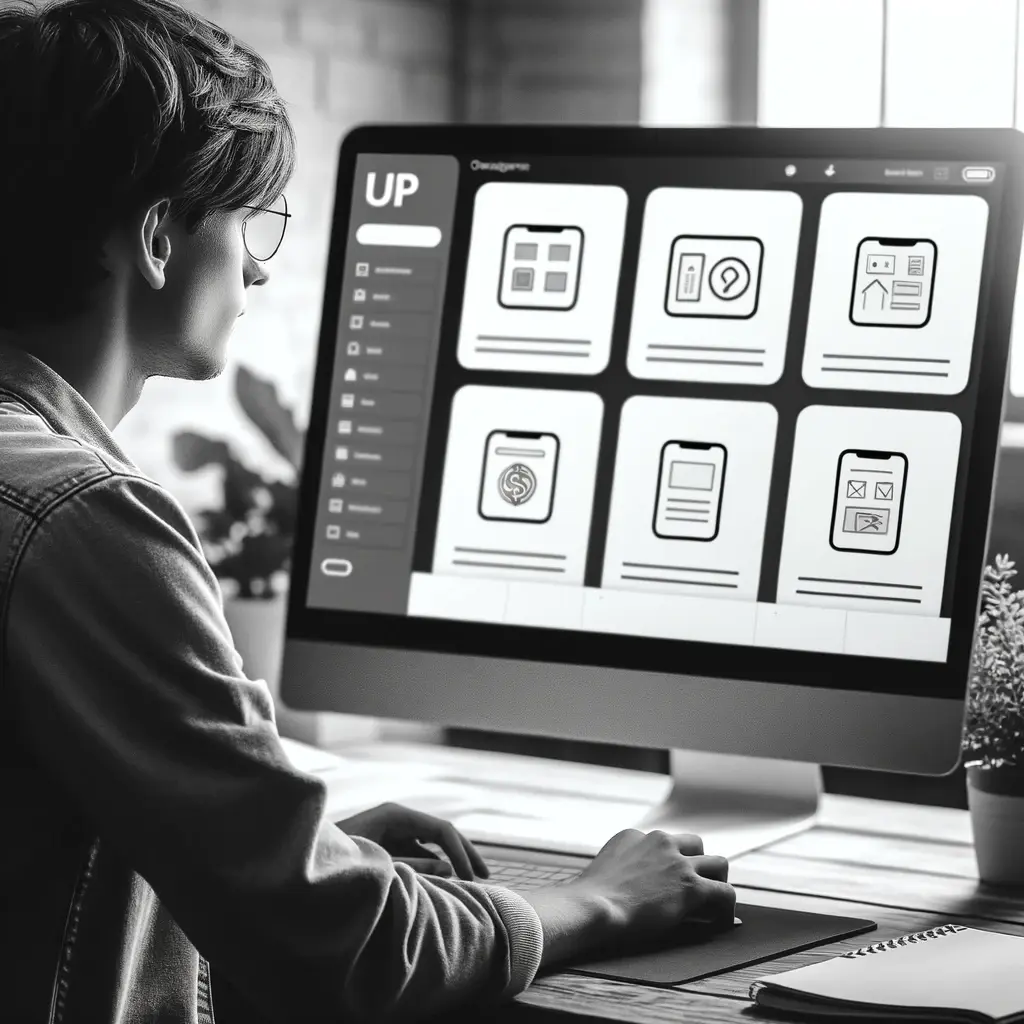 A young UX designer creating mockup screens for a finance application. The scene is in black and white. The person is in a casual setting, possibly si