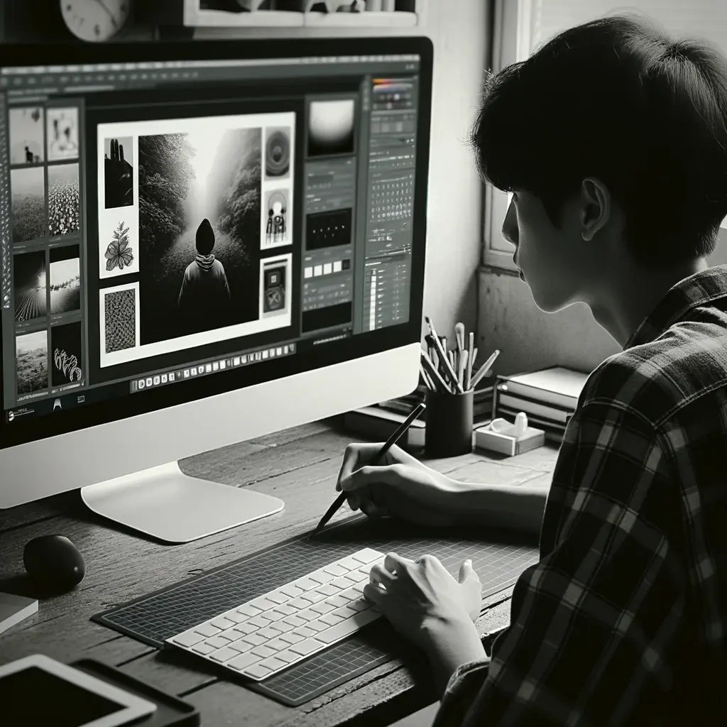 A young person editing graphics for social media posts on their computer. The scene is in black and white. The person is in a casual setting, possibly