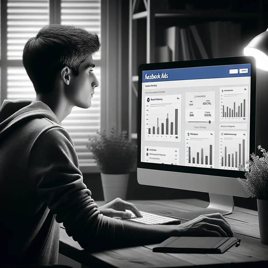 A young person looking at Facebook Ads metrics on their computer. The scene is in black and white. The person is in a casual setting, possibly sitting (1)