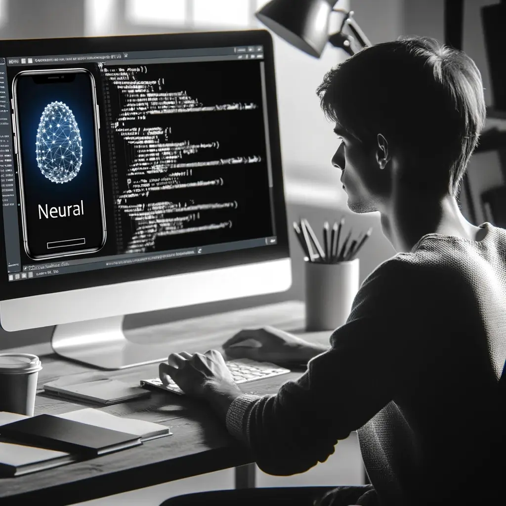 A young programmer writing source code for a mobile application using neural artificial intelligence. The scene is in black and white. The person is i