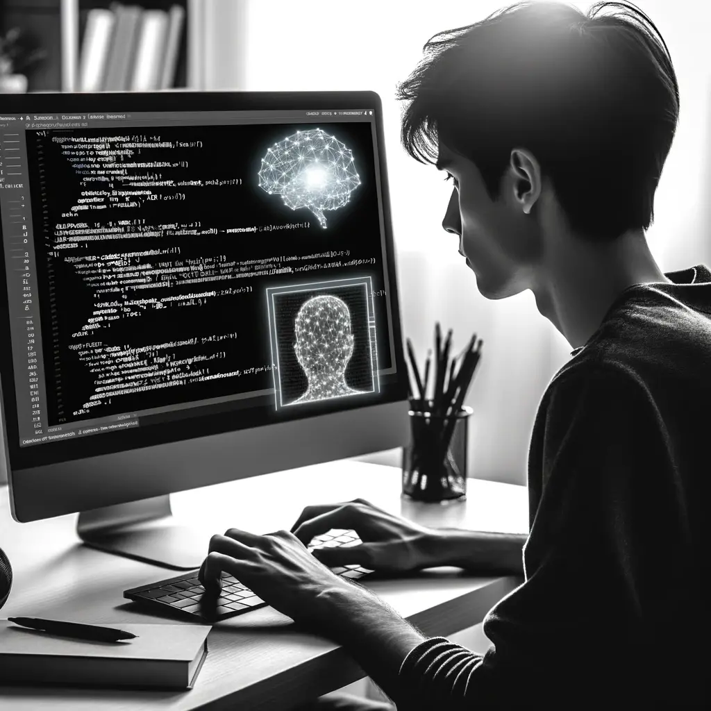 A young programmer writing source code for a mobile application using neural artificial intelligence. The scene is in black and white. The person is.