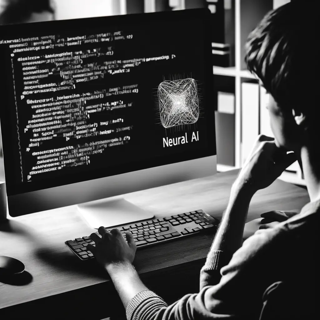 Young programmer writing source code for a mobile application using neural artificial intelligence. The scene is in black and white. The person is i