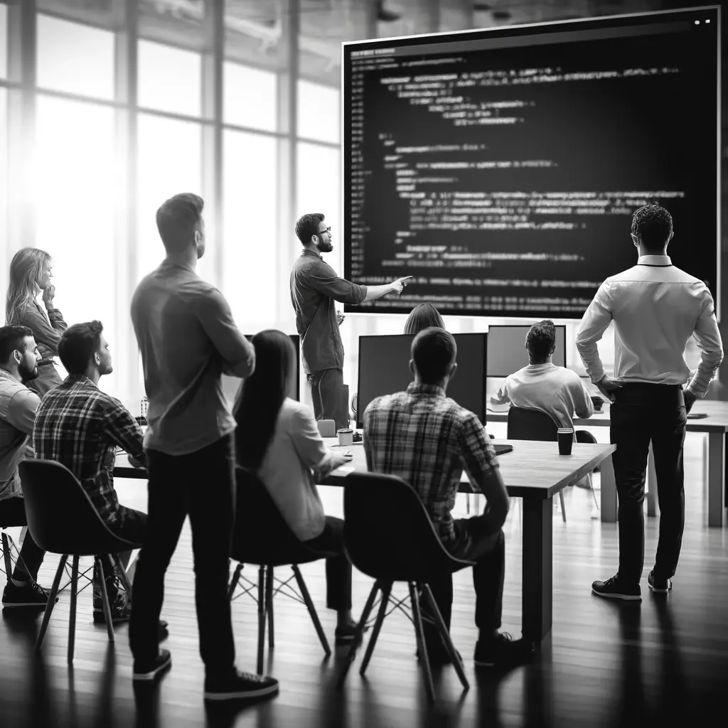 black and white image of a programmer providing consulting to a group of IT professionals. The scene is in a square format. The programmer is standi