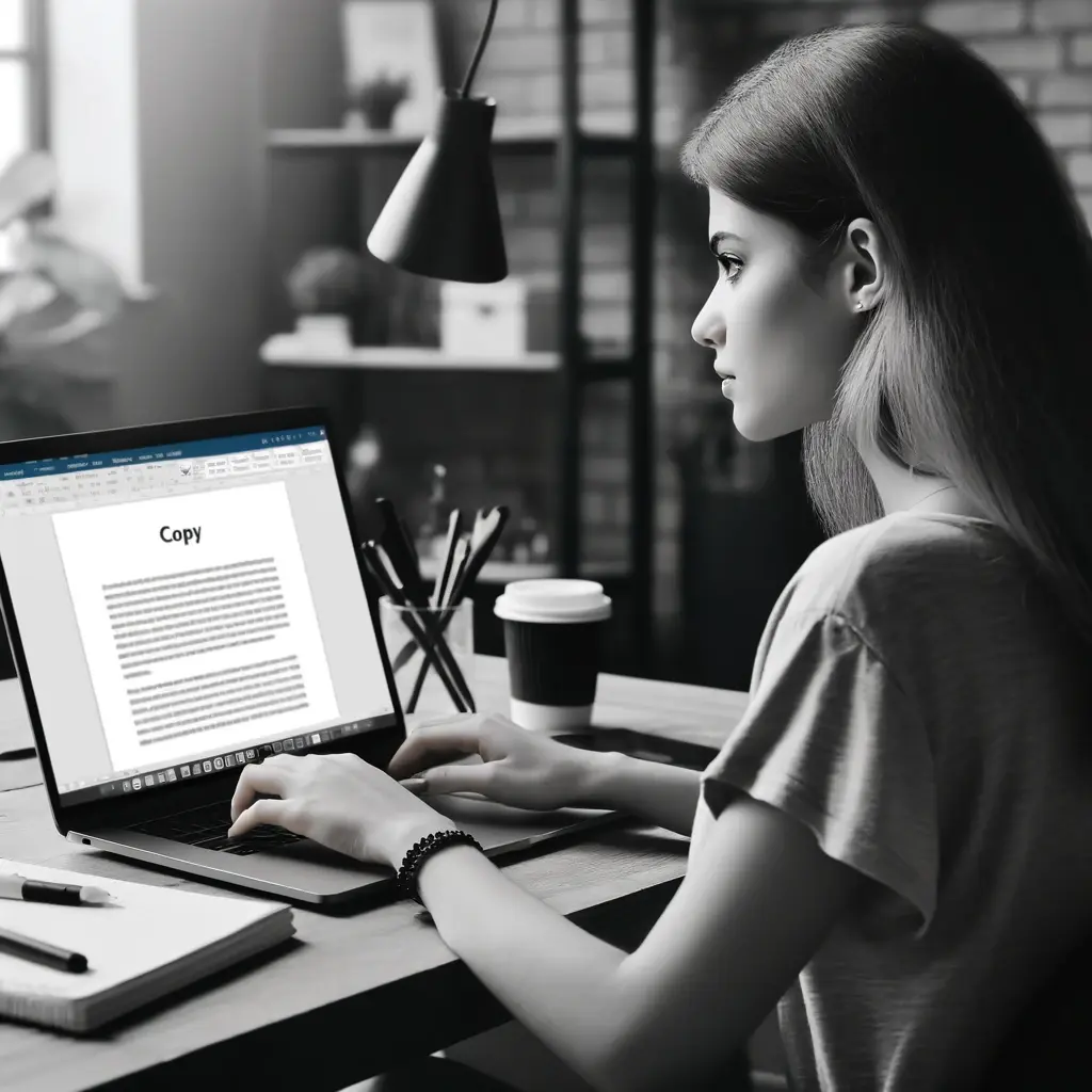 black and white image of a young woman generating copy for a website using Microsoft Word on her computer. She is sitting at a desk with a laptop, a