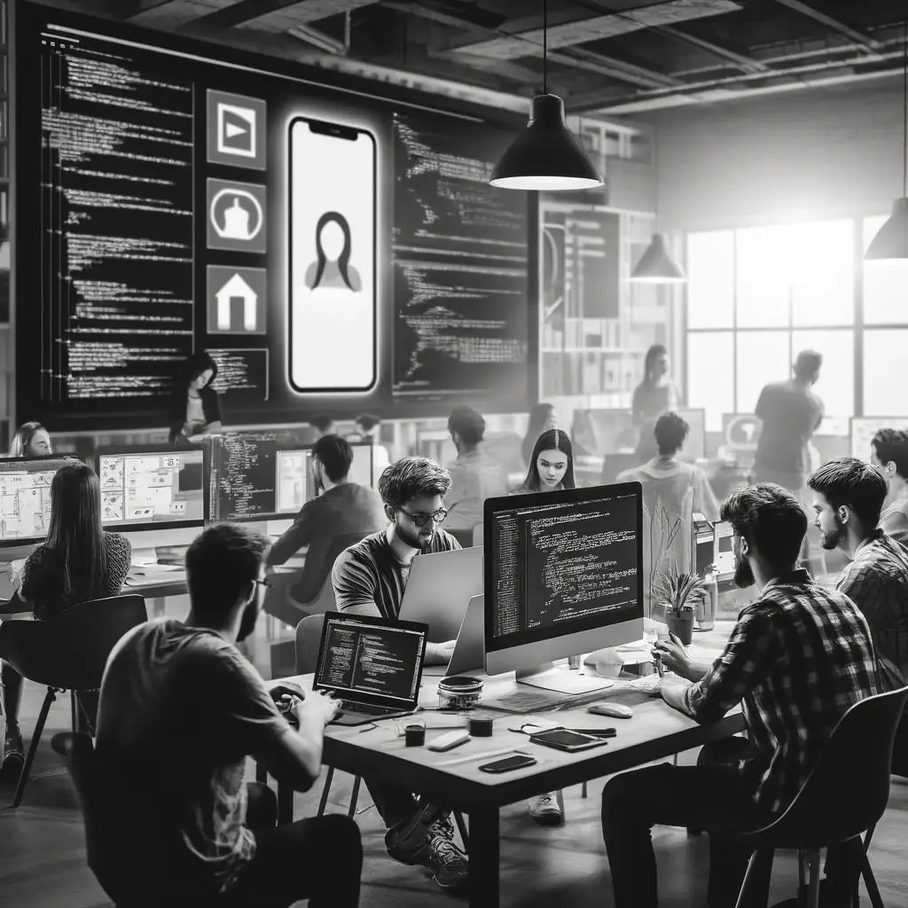 black and white image of young people programming software and a mobile app. The scene includes a diverse group of young men and women working toget