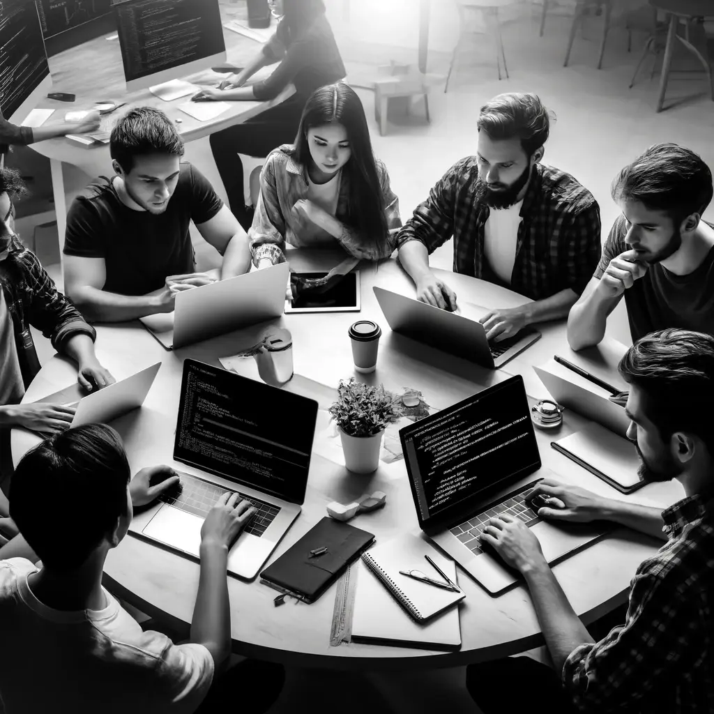 black and white image of young people programming software and a mobile application. They are sitting at a table with laptops, code visible on their