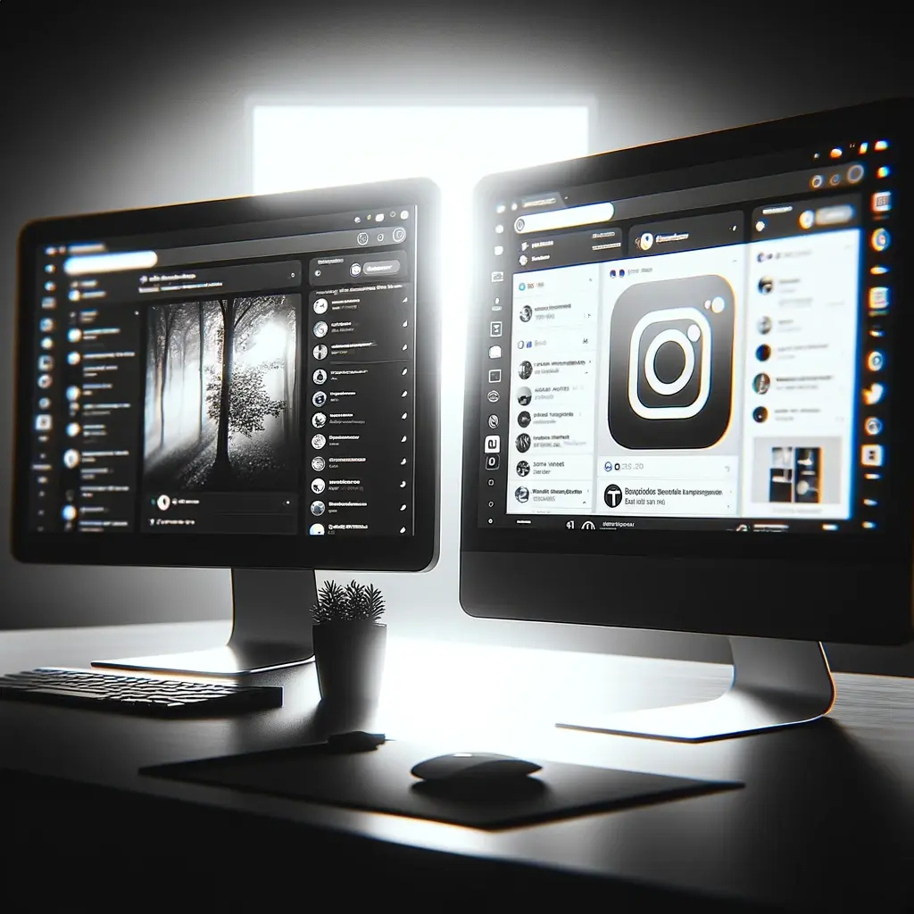 black and white square image featuring two computer monitors side by side, each displaying a different social media platform. One monitor shows Face