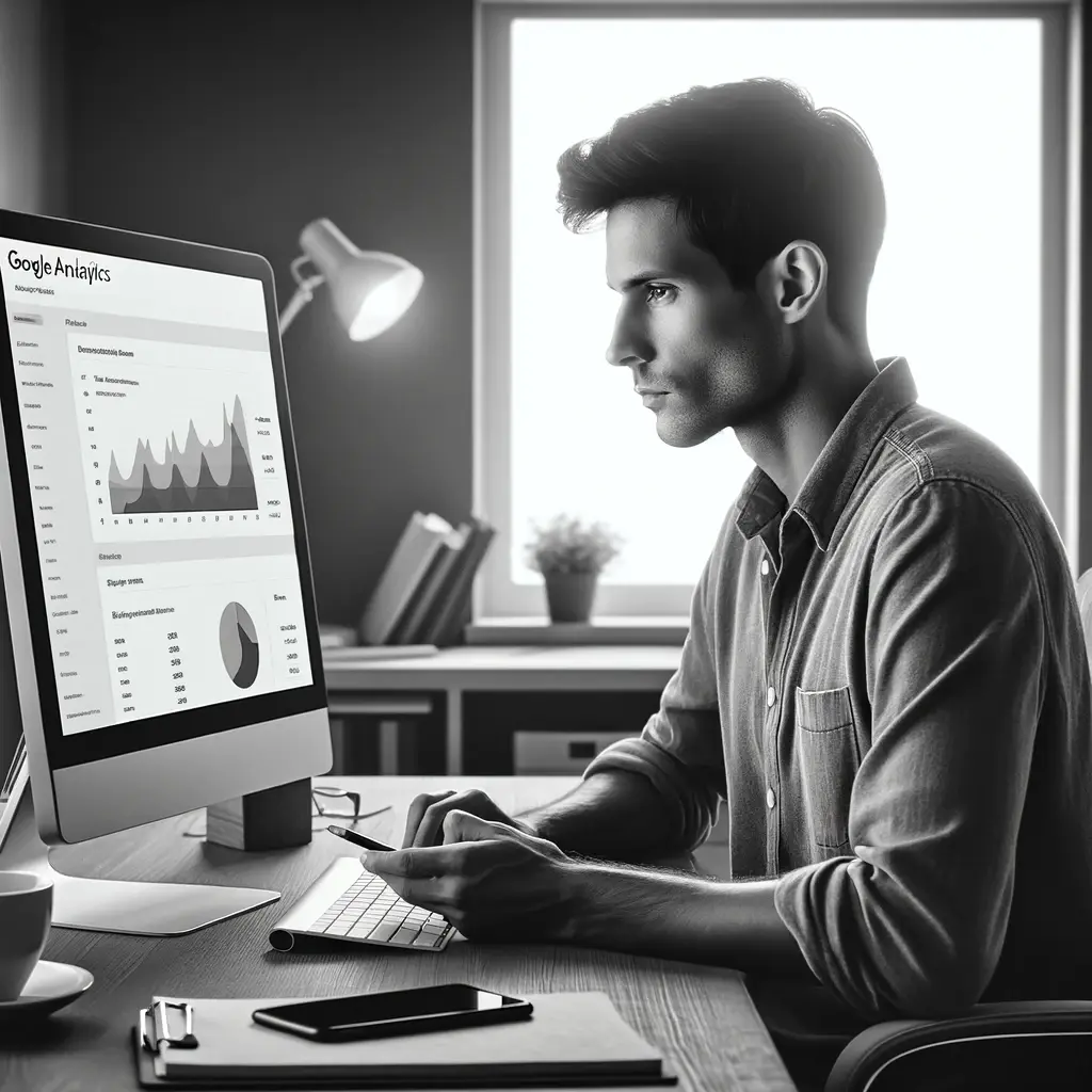 young man looking at Google Analytics metrics on his computer. He is sitting at a desk with a desktop monitor displaying