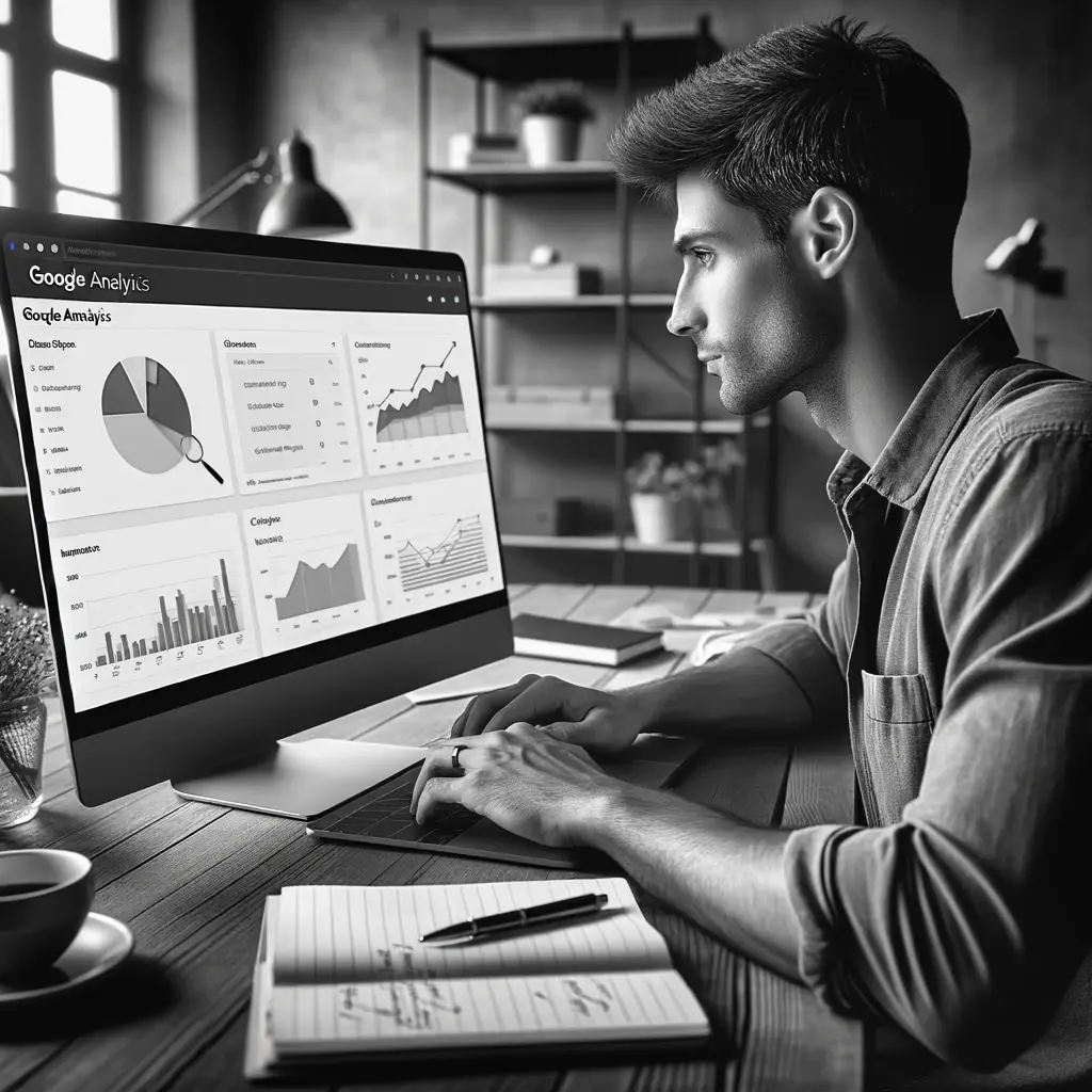 young man looking at Google Analytics metrics on his computer. He is sitting at a desk with a laptop, and the screen show